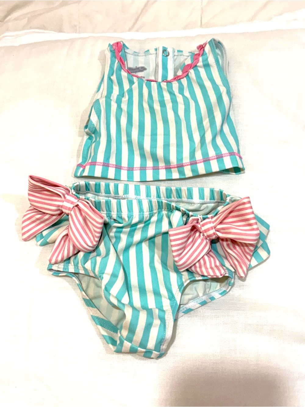Mud Pie Aqua & Pink Striped Girls Two-Piece Swim Set